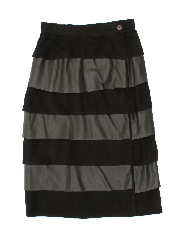 VINTAGE Womens Leather Peplum Skirt IT 46 Large W39  Black Striped asymmetrical skirt cut