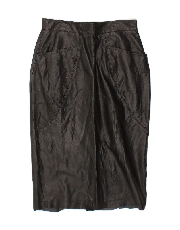 VINTAGE Womens Leather Skirt IT 46 Large W28 Black Leather linen skirt natural