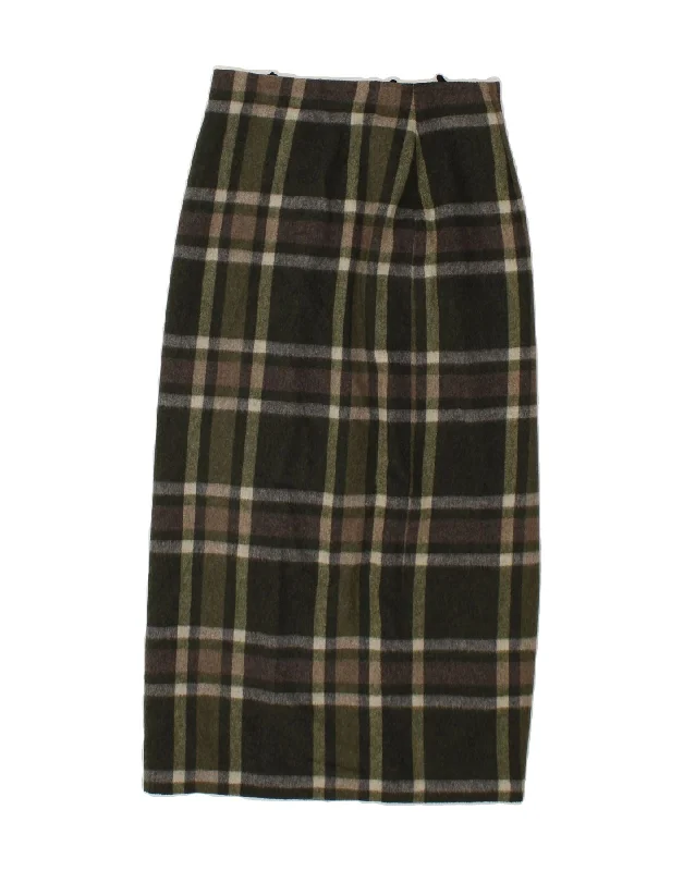 VINTAGE Womens Maxi Skirt UK 12 Medium W28  Khaki Check Wool linen skirt light