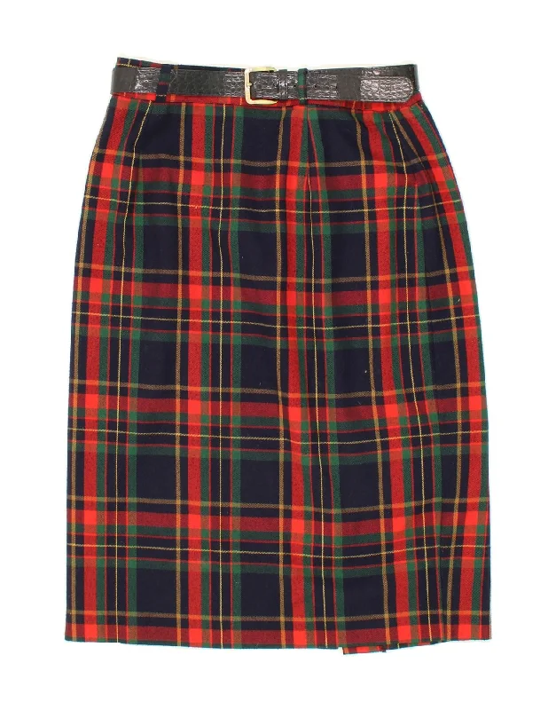 VINTAGE Womens Pencil Skirt UK 12 Medium W28  Navy Blue Plaid Polyester breathable skirt fabric