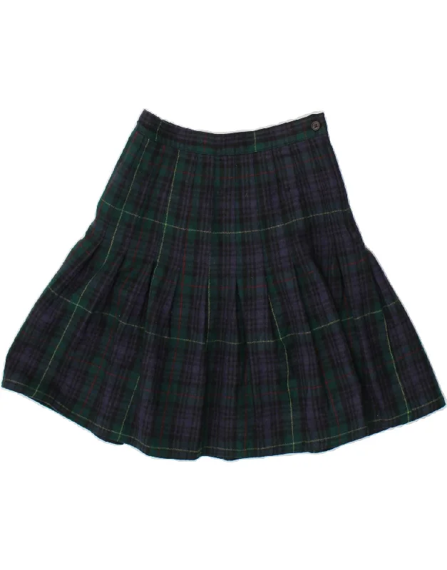 VINTAGE Womens Petite Pleated A-Line Skirt UK 8 Small W24 Blue Plaid Wool velvet skirt sumptuous