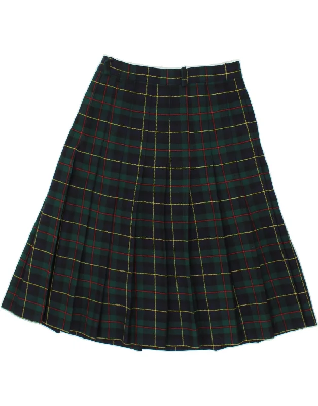 VINTAGE Womens Pleated A-Line Skirt IT 44 Medium W28  Green Plaid Wool chiffon skirt airy