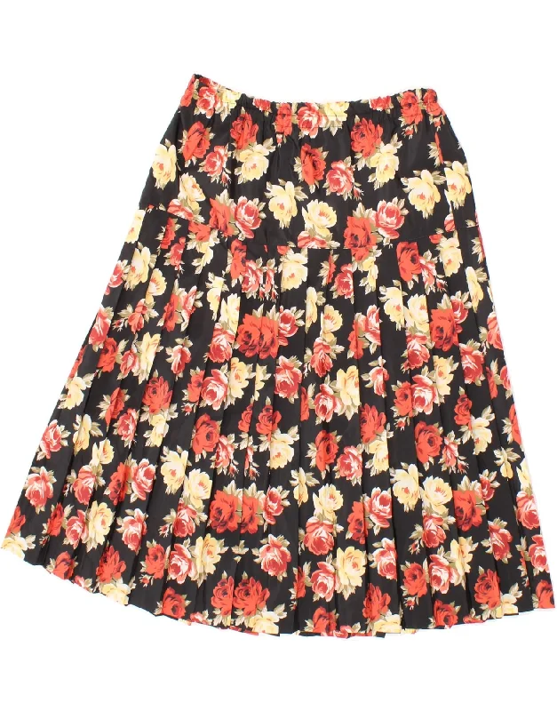 VINTAGE Womens Pleated Skirt Large W34  Black Floral chiffon skirt floaty