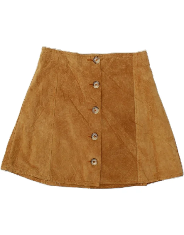 VINTAGE Womens Suede Mini Skirt IT 42 Medium W28 Brown Leather ruffled skirt detail