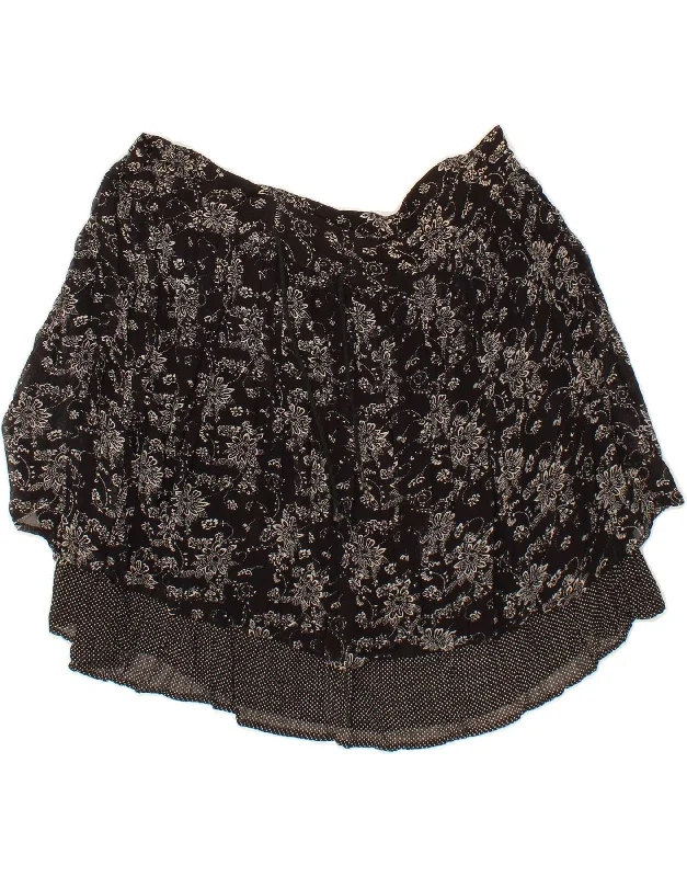 VINTAGE Womens Tiered Skirt Large W32  Black Floral Viscose zip skirt side