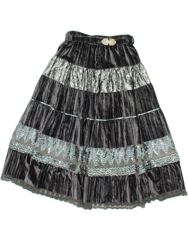 VINTAGE Womens Velour A-Line Skirt EU 38 Medium W28  Black Floral Viscose wool skirt sturdy