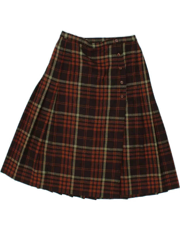 VINTAGE Womens Wrap Skirt UK 14 Medium W30  Brown Plaid Wool chiffon skirt airy