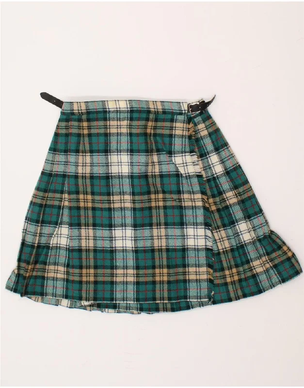 VINTAGE Womens Wrap Skirt UK 16 Large W32 Green Plaid Virgin Wool zip skirt side