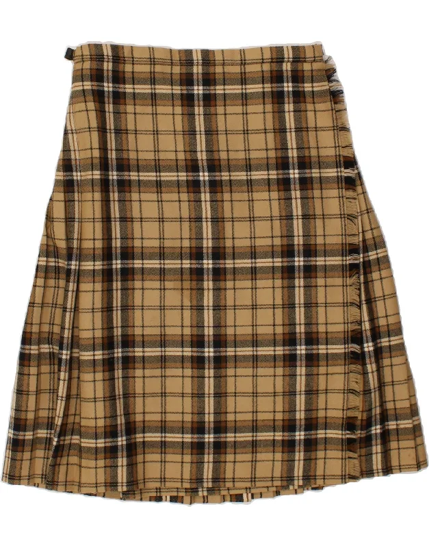 VINTAGE Womens Wrap Skirt W34 Large Brown Check Wool ribbed skirt waist