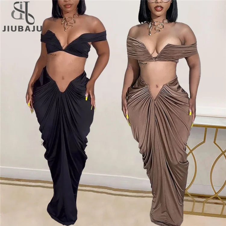 Women Sexy Off Shoulder Strapless Crop Top 2 Pieces Skirt Set Ruched Bodycon Draping Long Skirts Outfit silk skirt luxurious Women Sexy Off Shoulder Strapless Crop Top 2 Pieces Skirt Set Ruched Bodycon Draping Long Skirts Outfit silk skirt luxurious