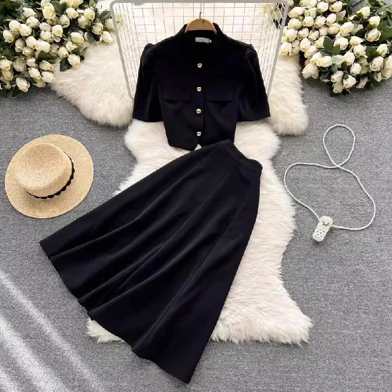 women's short-sleeved top mid-length skirt two-piece set     S4570 silk skirt sleek