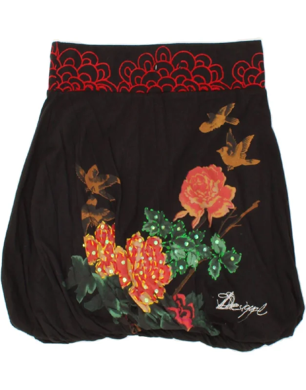 DESIGUAL Womens Bubble Skirt Large W32  Black Floral Cotton velvet skirt sumptuous