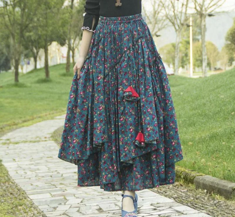 Vintage Floral Printed Ruffled Asymmetric Skirt asymmetrical skirt cut