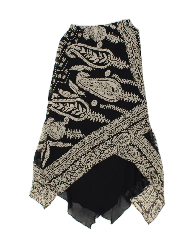 VINTAGE Womens Asymmetrical Skirt UK 12 Medium W28 Black Paisley Viscose belted skirt waist VINTAGE Womens Asymmetrical Skirt UK 12 Medium W28 Black Paisley Viscose belted skirt waist