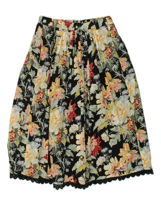 VINTAGE Womens Flared Skirt EU 36 Small W30 Black Floral Cotton modal blend skirt