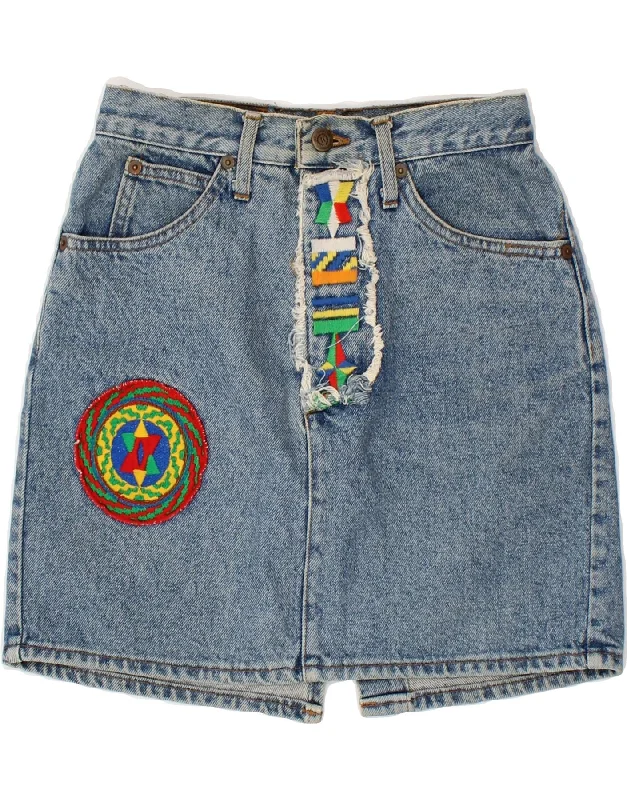 VINTAGE Womens Graphic Denim Skirt W28 Medium Blue Patchwork Cotton chiffon skirt airy VINTAGE Womens Graphic Denim Skirt W28 Medium Blue Patchwork Cotton chiffon skirt airy
