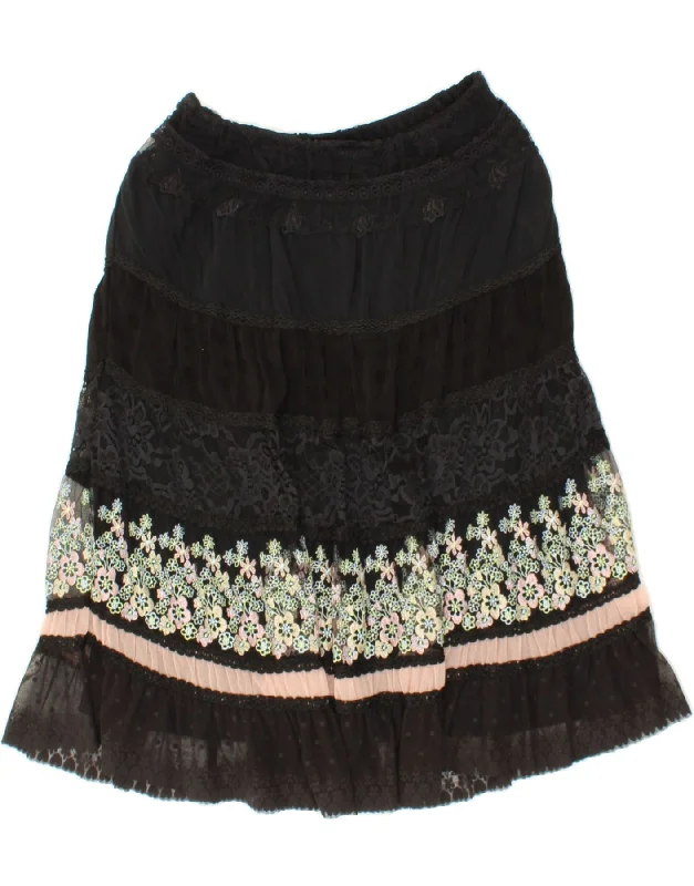 VINTAGE Womens Gypsy Skirt W30 Medium Black Floral Viscose zip skirt side