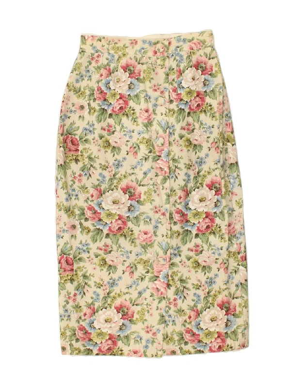 VINTAGE Womens Midi Skirt W26 Small Beige Floral wool skirt warm