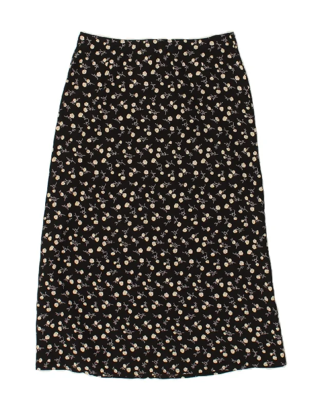 VINTAGE Womens Midi Skirt W28 Medium Black Floral velvet skirt glossy