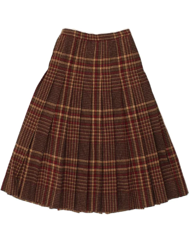 VINTAGE Womens Pleated A-Line Skirt W24 XS Brown Check wool skirt warm
