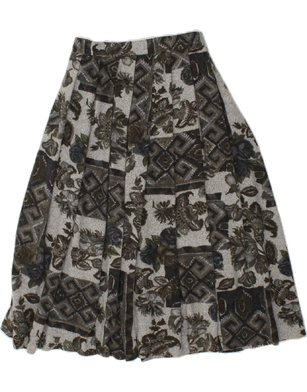 VINTAGE Womens Pleated A-Line Skirt W27 Small Grey Floral satin skirt smooth
