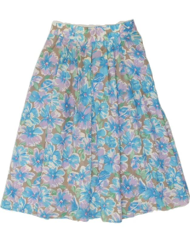 VINTAGE Womens Pleated Skirt EU 40 Medium W28 Blue Floral denim skirt fashionable