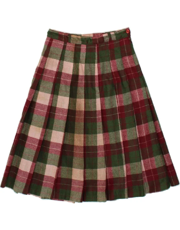 VINTAGE Womens Pleated Skirt IT 44 Medium W28 Burgundy Plaid Polyester denim skirt classic