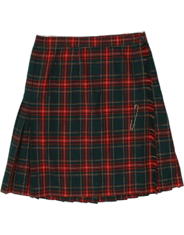 VINTAGE Womens Tartan Wrap Skirt W36 XL Green Plaid Wool ruffled skirt detail