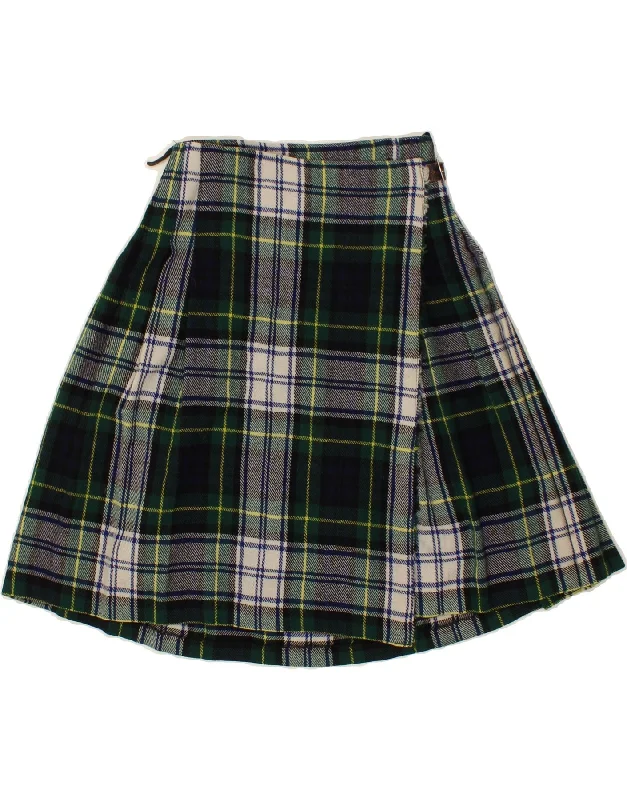VINTAGE Womens Wrap Skirt EU 34 XS W24 Green Plaid Wool denim skirt fashionable