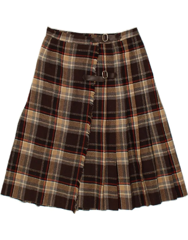 VINTAGE Womens Wrap Skirt W28 Medium Brown Check pleated skirt texture