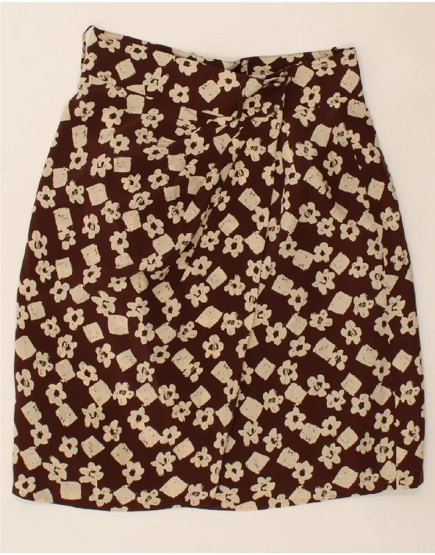 VINTAGE Womens Wrap Skirt W28 Medium Brown Floral Silk casual skirt length