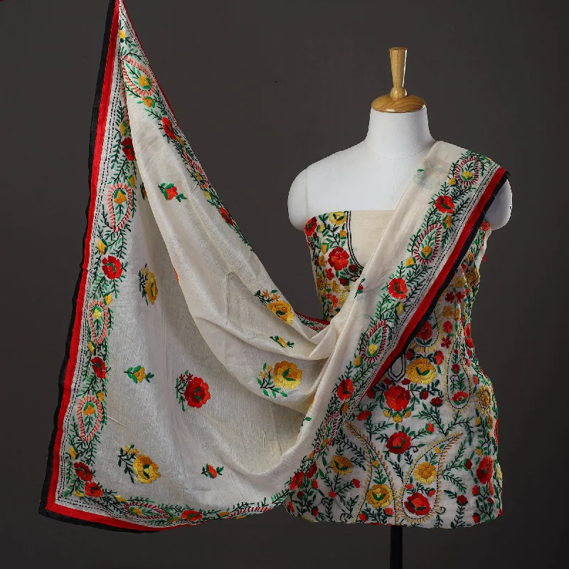 White - 3pc Hand Embroidery Chanderi Silk Phulkari Dress Material 61