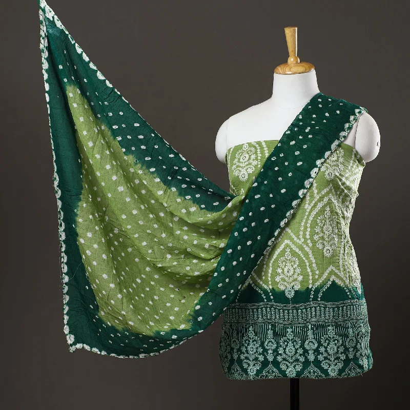 Green - 3pc Satin Cotton Kutch Bandhani Dress Material 53