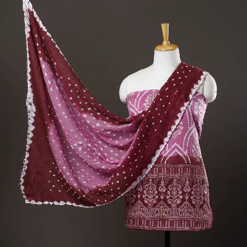 Purple - 3pc Satin Cotton Kutch Bandhani Dress Material 59