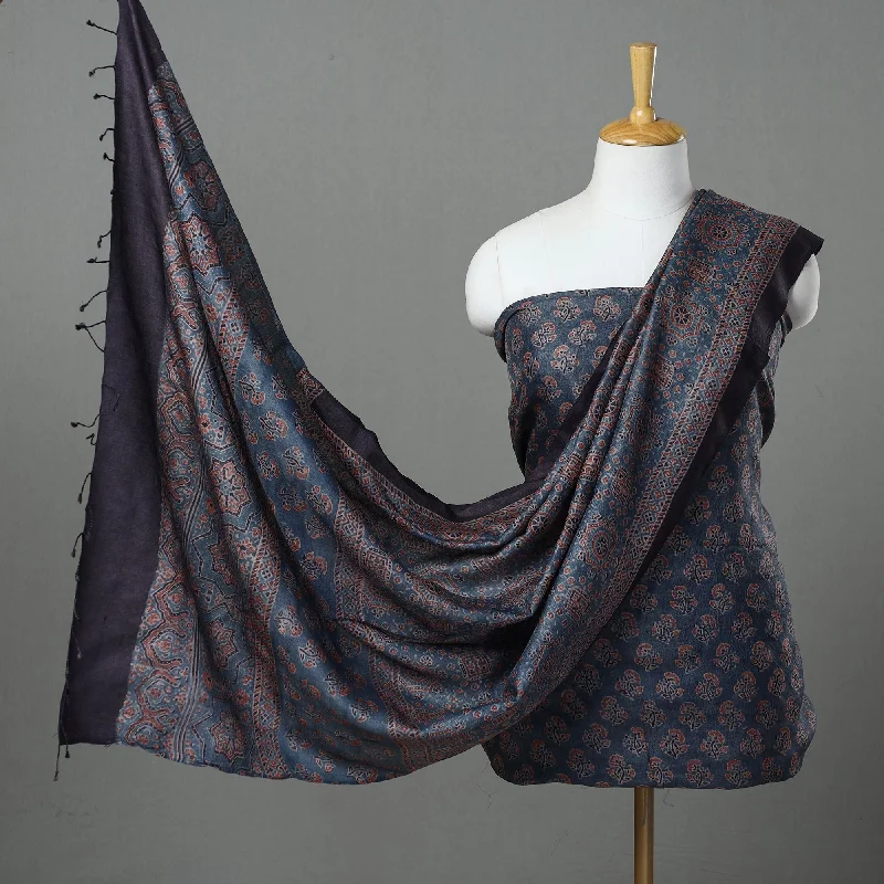 Blue - 2pc Block Print Tussar Silk Ajrakh Dress Material 29