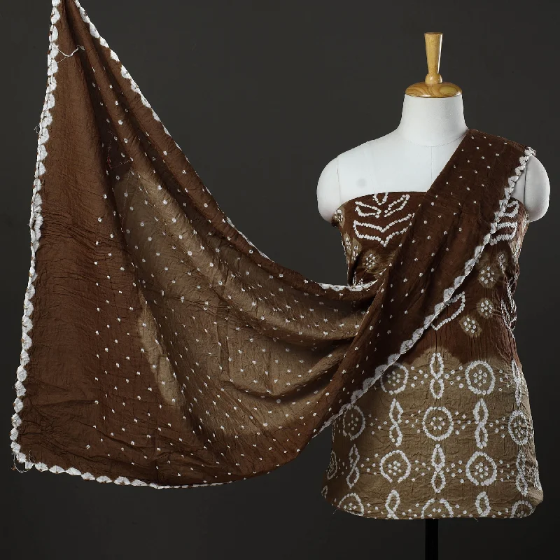 Brown - 3pc Kutch Tie-Dye Satin Cotton Bandhani Dress Material 94