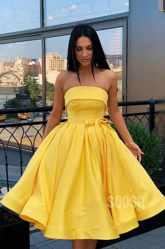 A-Line Strapless Satin Short Prom Dress Simple Homecoming Dress QP1259