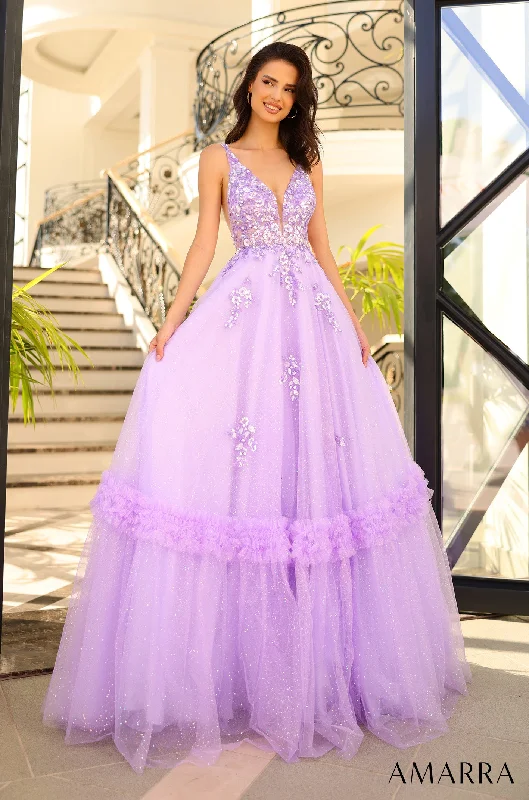 Amarra 88744 Long Shimmer Ballgown Sheer Sequin Prom Dress Ruffle Tulle A Line Formal Gown