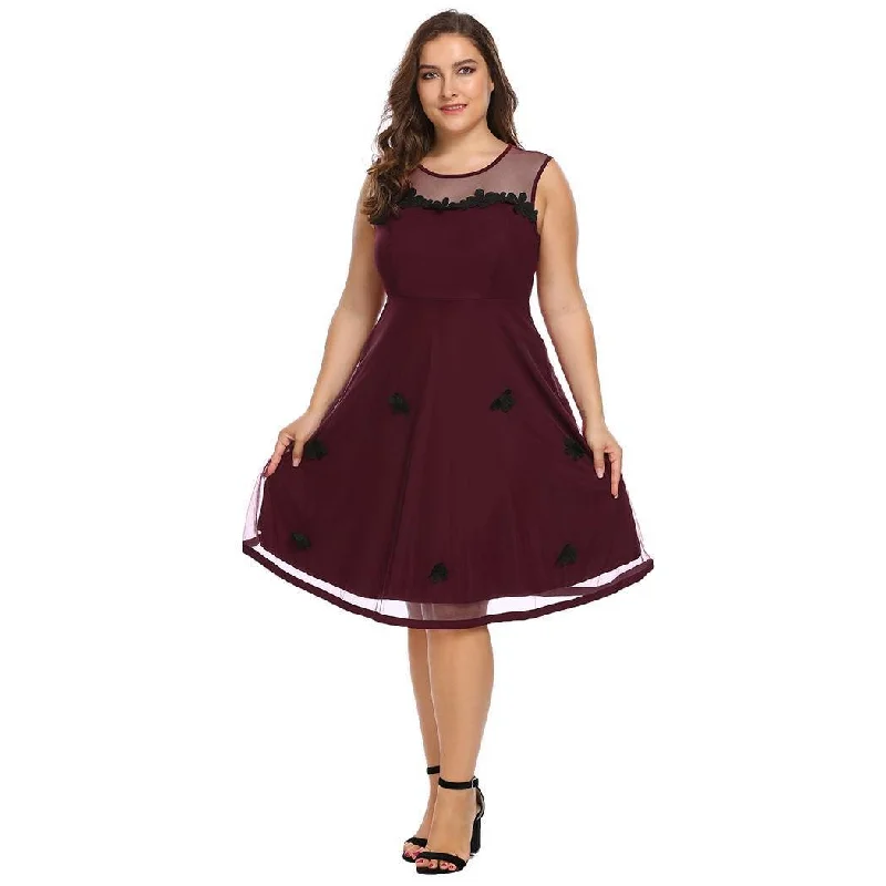 ANALUKE Mesh Patchwork Flower Fit and Flare Sexy Dress