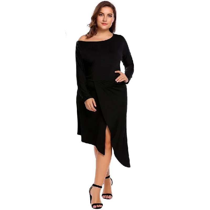 ANALUKE Slash Single Neck Solid Lace Asymmetric Hem Sexy Dress