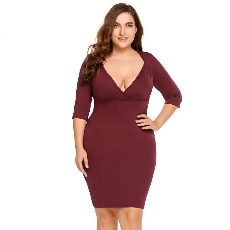ANALUKE V-Neeckline 3/4 Sleeve Sexy Dress