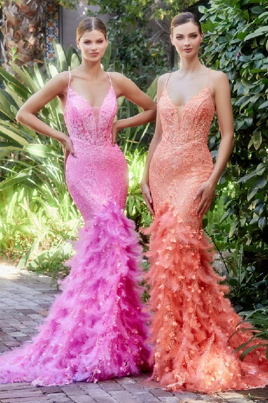 Andrea & Leo Couture A1116 Long Sheer Mermaid Feather Prom Dress Formal Gown 3D Lace
