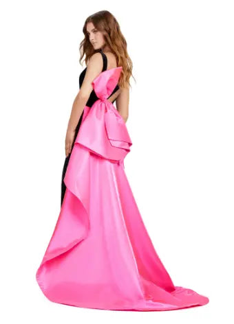 Ashley Lauren 11527 Long Prom Dress  Fitted V Neckline Satin Bow Side Skirt Open Back Formal Pageant Gown