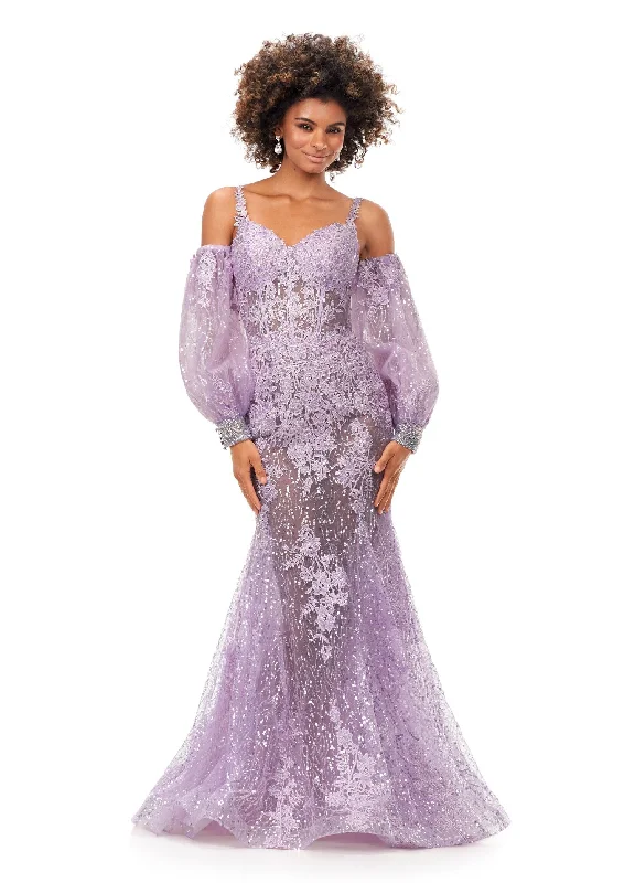 Ashley Lauren 11335 Spaghetti Strap Applique Gown with Detachable Puff Sleeves