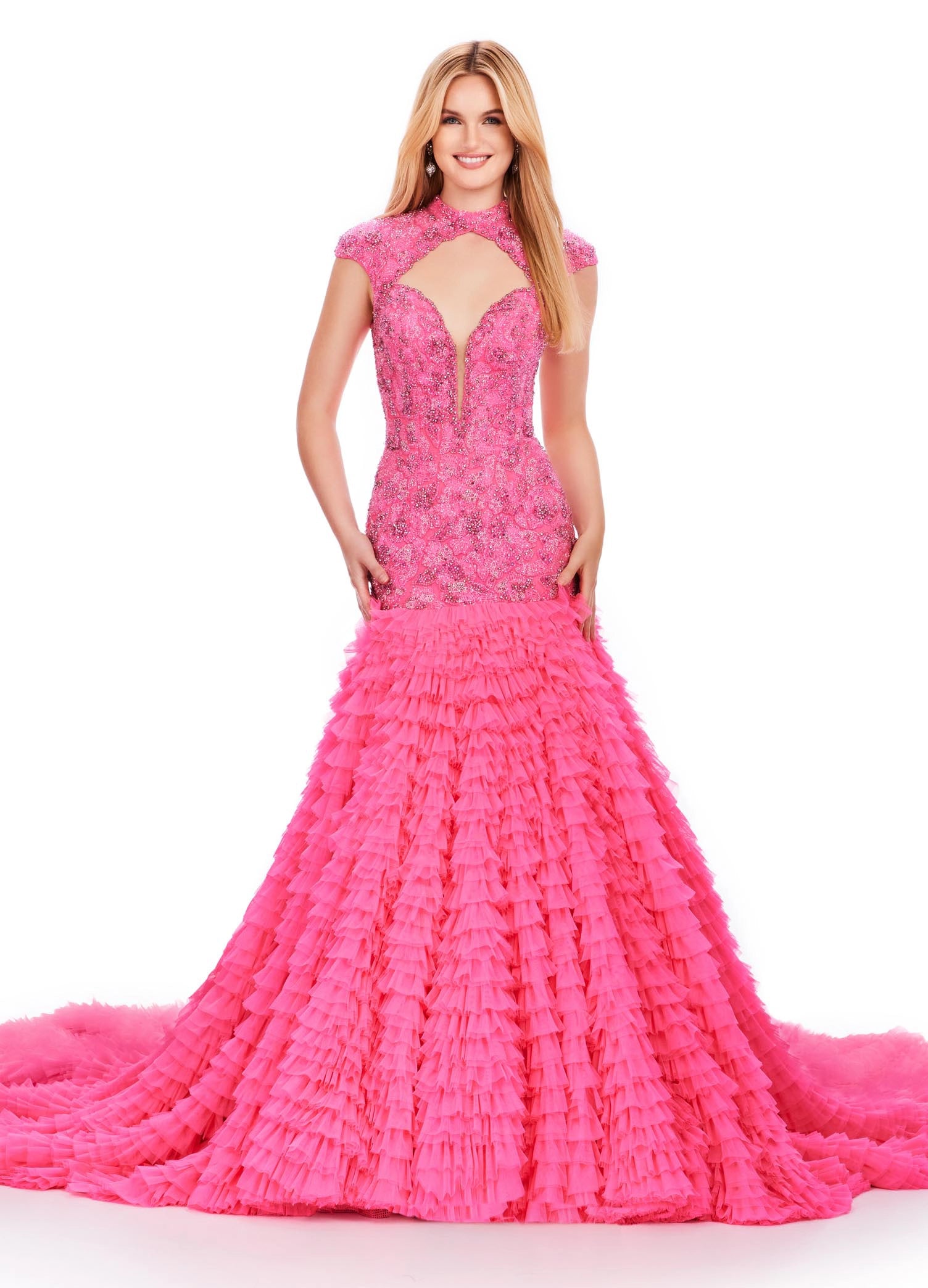 Ashley Lauren 11428 Crystal Beaded Backless Pageant Dress Bridal Mermaid Ruffle Tier Long Prom