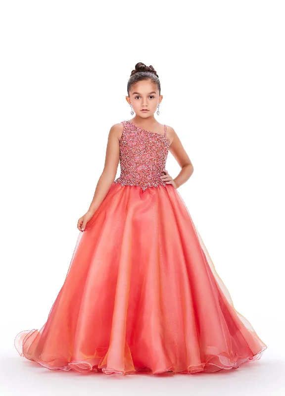 Ashley Lauren Kids 8218 Beaded Crystal Girls Pageant Dress two tone Ball Gown Train Formal