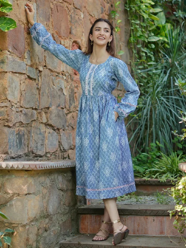 Blue Printed Cotton Fit and Flare Dress