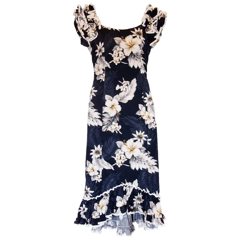 Blueberry Navy Hawaiian Meaaloha Muumuu Dress with Sleeves