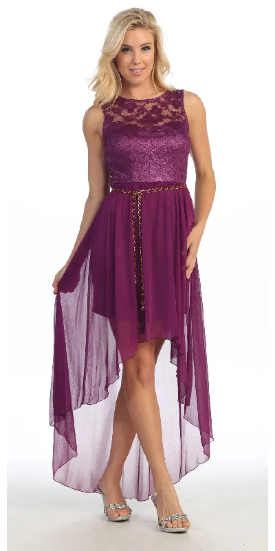 Celavie 2387 High Low Dress Lace Top Wide Strap Illusion Neck