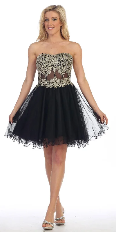 Celavie 5013 Applique Sheer Bodice Strapless Homecoming Dress
